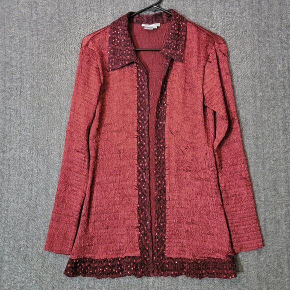 Alberto Makali Shirt Womens S Red Open Front Sequin Crinkle Cardigan Top Jacket - Picture 1 of 10